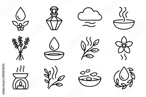 Drop lavender steam aromatherapy warm bunch cloud bowl set vector icon eucalyptus