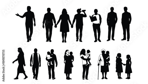 A varied set of silhouettes showing individuals, couples, families, and children in different poses.