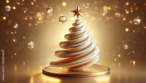 3D spiral gold Christmas with gold star isolated on gold bokeh background, seasonal greetings card