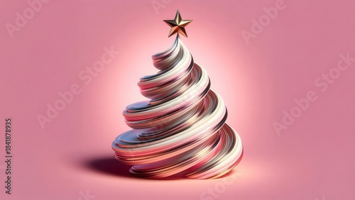 3D spiral Pink Christmas with gold star isolated on green bokeh background, seasonal greetings card