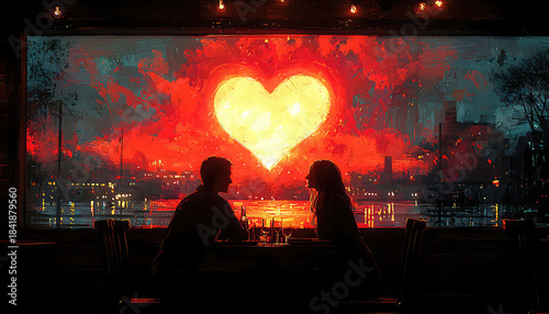 Illustration of a heart-shaped candle casting a warm glow over a couple's dinner table