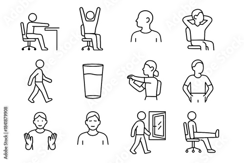 Gaze peaceful break hydration icon extension relaxation healthy raise flex head vector