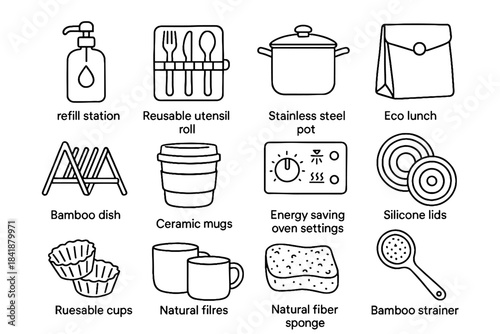 Silicone icon station reusable sponge lunch vector utensil cups pot eco kitchen