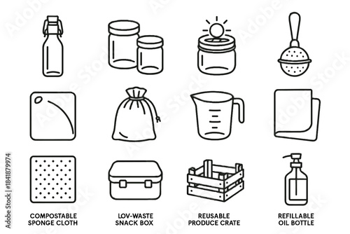 Kitchen storage glass box measuring reusable charger icon eco cloth vector lid