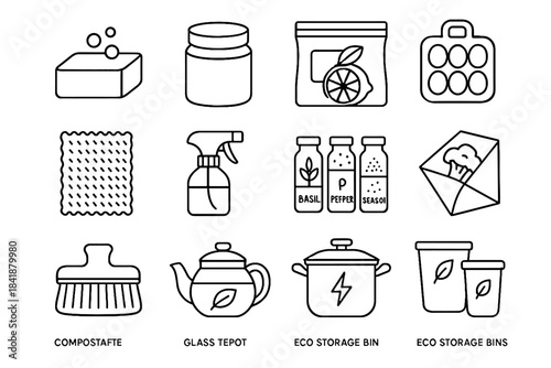 Seasoning cloth eco icons bins compostable jars freezer kitchen vector natural icon