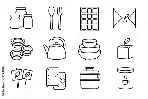 Bamboo icons vector kitchen icon eco sponge block reusable bowls glass wrap
