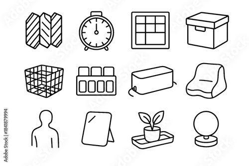 Minimalist vector set timer icons posture mirror desk device panels task icon