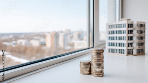 Stacks of coins beside miniature building by window. Real estate investment concept with urban skyline in soft focus. Savings, property value and financial growth
