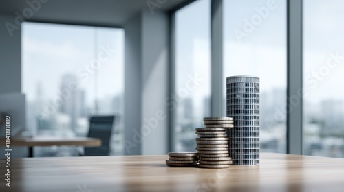 Coins arranged beside tall building model on wooden table. Real estate investment, property value growth and financial planning in contemporary office interior