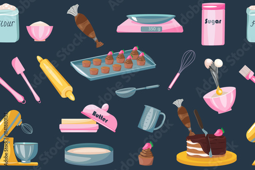 Baking tools seamless pattern on the blue background. Kitchen utensils and aplliance. Mixer, flour sifter, batter dish, baking sheet with chocolate cupcakes, cake, kitchen scale, measuring cup.