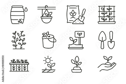 Trellis rail icon bag gardening icons pot vector drip over terrace plant