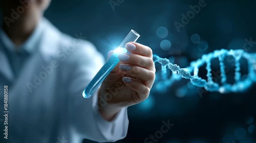 AI generated faceless scientist hand holding test tube defocused digital DNA graphics background cancer research concept biomarker detection visualization future medical