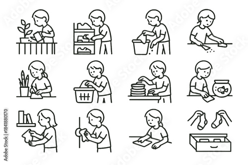 Trash off vector kid brushing icon fish chore minimalist bowl organizing dishes