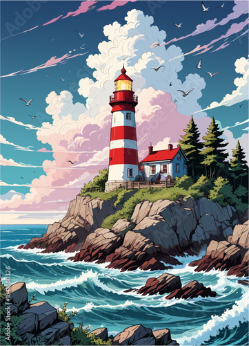 Scenic vector illustration of a red and white lighthouse on a rocky cliff overlooking the ocean, featuring crashing waves, flying seagulls, and fluffy clouds in a vibrant comic style
