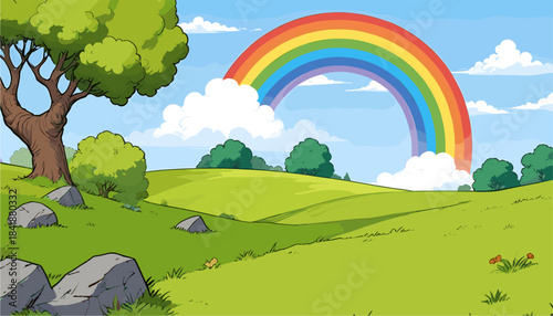 Vibrant comic style landscape vector illustration featuring a large colorful rainbow arcing over rolling green hills, a big tree, and fluffy clouds in a sunny blue sky