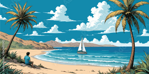 Tropical beach landscape vector illustration featuring a person relaxing on sand, framed by palm trees, watching a sailboat on the blue ocean under fluffy clouds in a comic style