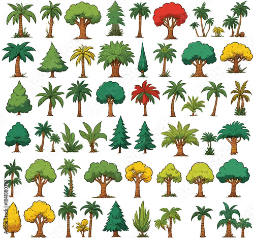 Comprehensive set of vector tree illustrations featuring palm, pine, and deciduous varieties in a flat comic style, perfect for game environment design, landscape architecture, and nature maps