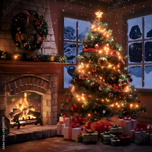 stunning stylish and cozy scene with fireplace and Christmas tree. Ai generated
