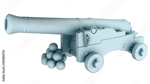 Mockup of an old cannon on a carriage with several cannonballs in blue on transparent background.