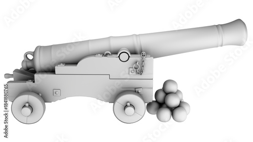 Mockup of an old cannon on a carriage with several cannonballs in white on transparent background.