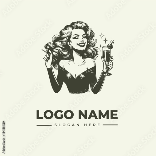 Vector illustration of a woman holding a trophy and smiling, with a logo and slogan text on a beige background.