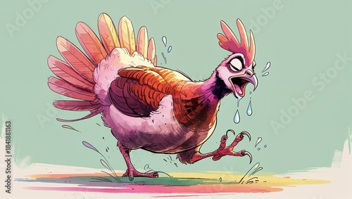 Cartoon drawing of a frantic, sweating, and panicked chicken or turkey running away