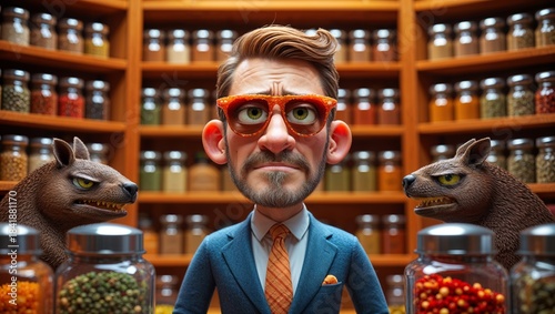 Fototapeta Naklejka Na Ścianę i Meble -  Cartoon spice merchant surrounded by jars and two suspicious rodent characters.