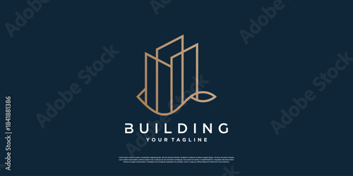 Building logo design with creative luxury line art Premium Vector
