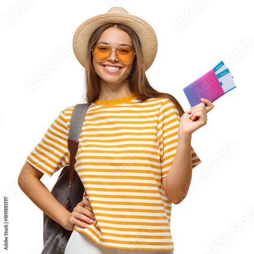 Εκτύπωση καμβά Young happy female student traveller holding passport with flight tickets