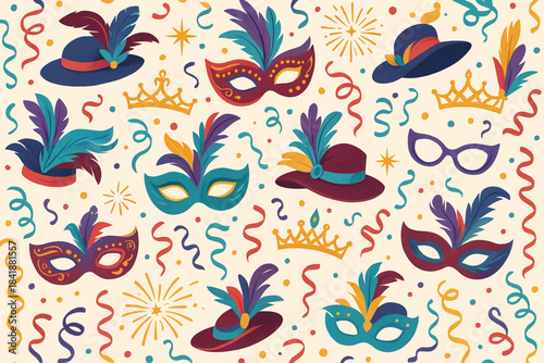Festive carnival pattern with colorful icons on white background