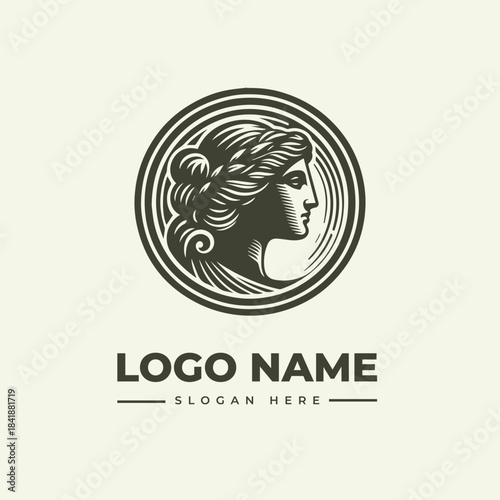 A logo design featuring a woman's head in profile within a circular frame, accompanied by placeholder text for the logo name and slogan on a beige background, illustration, vector.