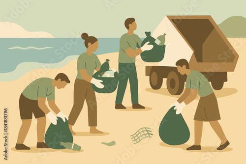 Blue icon beach cleanup no eco collected illustration labels minimal vector containers