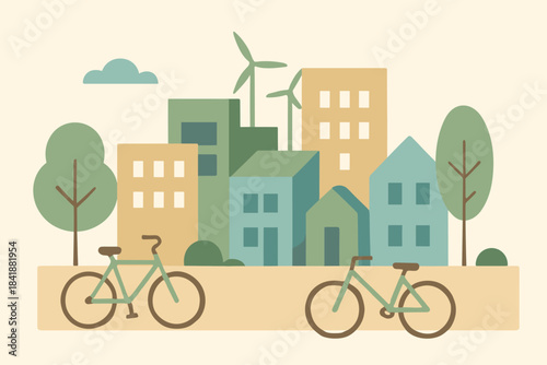 Green modern off geometric vector no icon warm typography bicycles city skyline