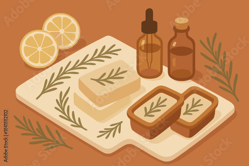 Cream white terracotta diy herbal icon soap handmade rosemary vector labels textured