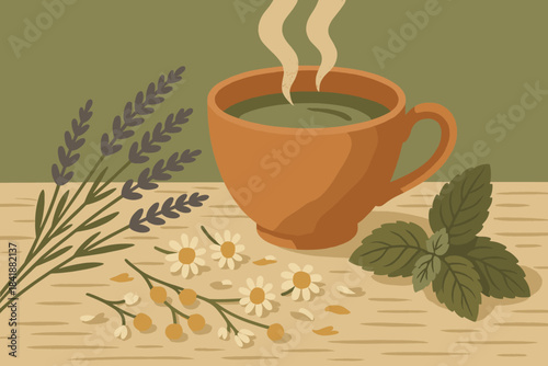 Vector flat tea teaurrounded herbal icon steaming shading paper labels numbers style