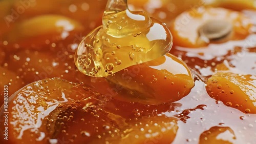 Golden luscious honey or thick sweet syrup slowly drips and pours over glistening candied fruit pieces creating an appetizing and rich dessert scene with a delectable sticky texture and warm inviting.