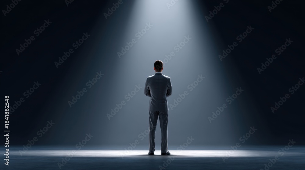 Obraz premium Businessman Standing in Spotlight Facing Dark Background, Concept of Leadership, Confidence, Inspiration, and Public Speaking in Professional Environment