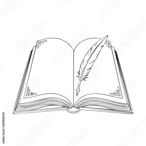Open Book With Quill Pen and Decorative Corners