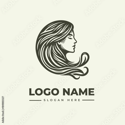 Vector illustration of a woman's face with flowing hair and a placeholder logo name in a simple design.