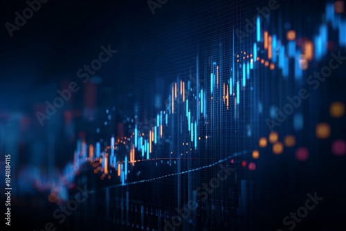 Digital stock market charts and graphs on dark blue abstract technology background