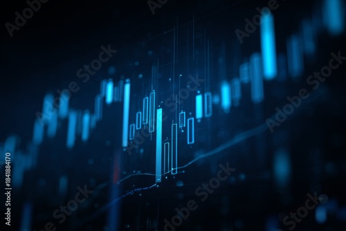 Dynamic financial chart with blue candlesticks on dark digital background, market analysis concept