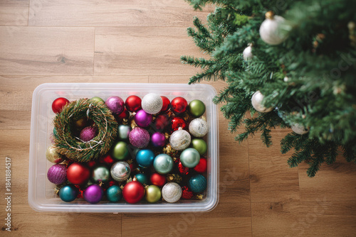 Taking down Christmas tree brings nostalgic feeling as colorful ornaments and festive wreath are carefully placed in plastic storage box on wooden floor