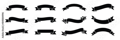 Collection of black ribbon banner shapes with curved edges for labels, badges, and decorative headings.
