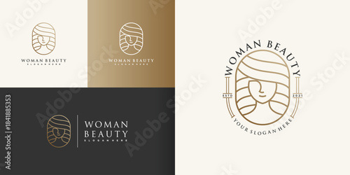 Woman beauty logo with golden creative line art style Premium Vector