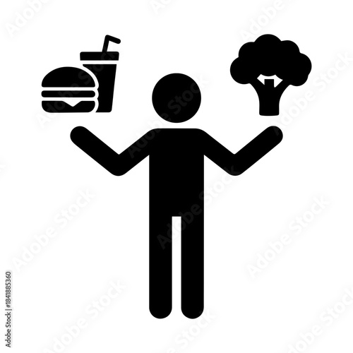 Minimal vector stickman choosing between fast food and healthy food. Black silhouette icons on transparent background. Concept of diet, choice, nutrition.
