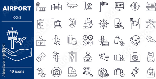40 Line Style Airport Icons Aviation, Air Travel Services and Terminal Facility Symbols