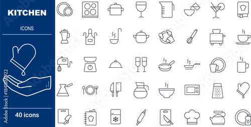 40 Line Style Kitchen Icons Culinary Tools, Cooking Appliances and Food Prep Safety Symbols