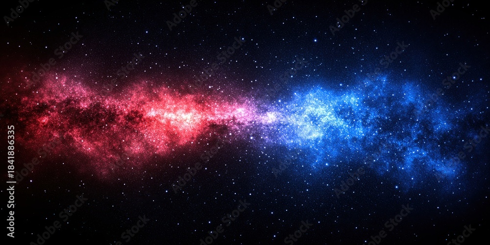 Fototapeta premium Red and blue cosmic galaxy with shimmering stars and nebula, vibrant starfield in deep space with glowing celestial patterns, night sky background, astronomy, science or technology concept