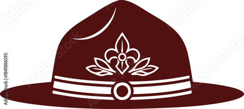 Maroon campaign hat vector illustration featuring a stylized white fleur-de-lis emblem, representing scouting leaders, park rangers, or drill sergeants in a flat design style