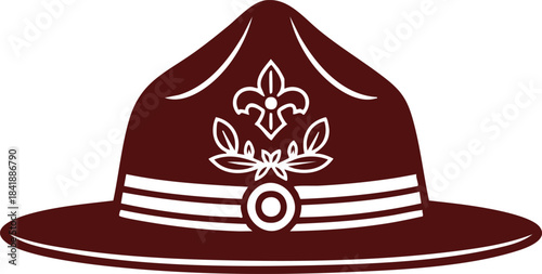 Maroon campaign hat vector illustration featuring a stylized white fleur-de-lis emblem, representing scouting leaders, park rangers, or drill sergeants in a flat design style
